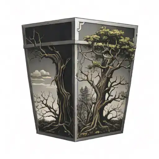A Vertical Coffin With A Tree In The Background Looking Ominous