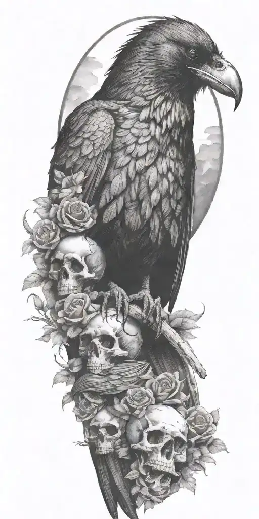 Raven Sitting On Top A Mound Of Skulls And Roses