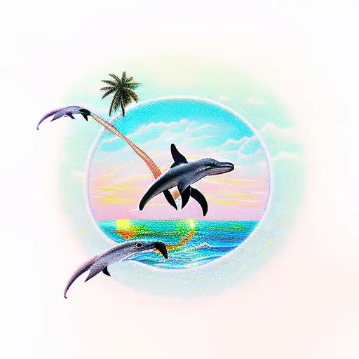 Beach Sunset With Dolphin Jumping And A Bee On A Palm Tree