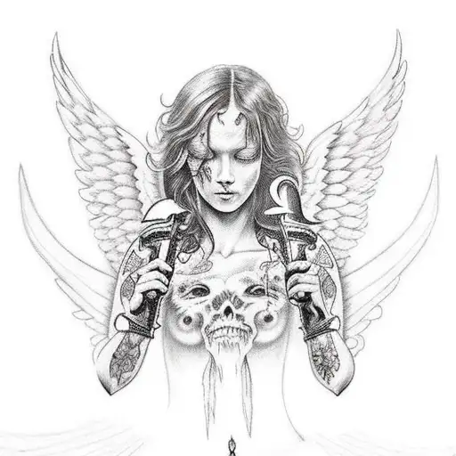 A Tattoo Of An Angel Holding A Sword With Demonic Wings
