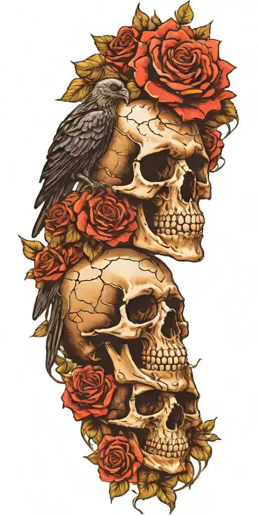 Skull And Roses With Raven Perched On Top Blue Sky Background