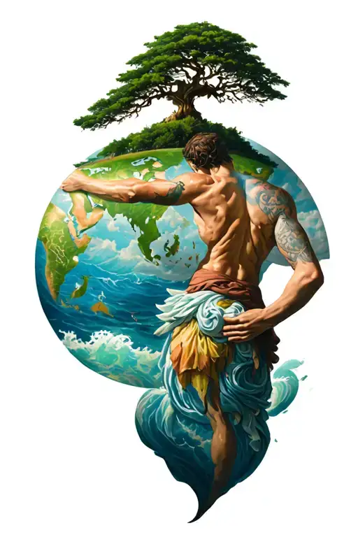 Atlas Holding The Island On His Back With A Tree Of Life