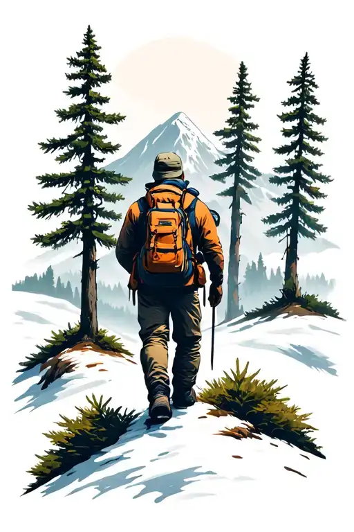 Mountain And Pine Trees Hiker Standing