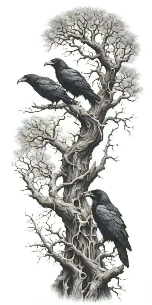 Old Gnarled Tree With Crooked Branches And Ravens Perched On The Branches