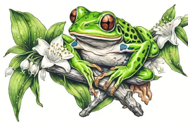 Tree Frog On A Branch With Lily Of The Valley Flowers