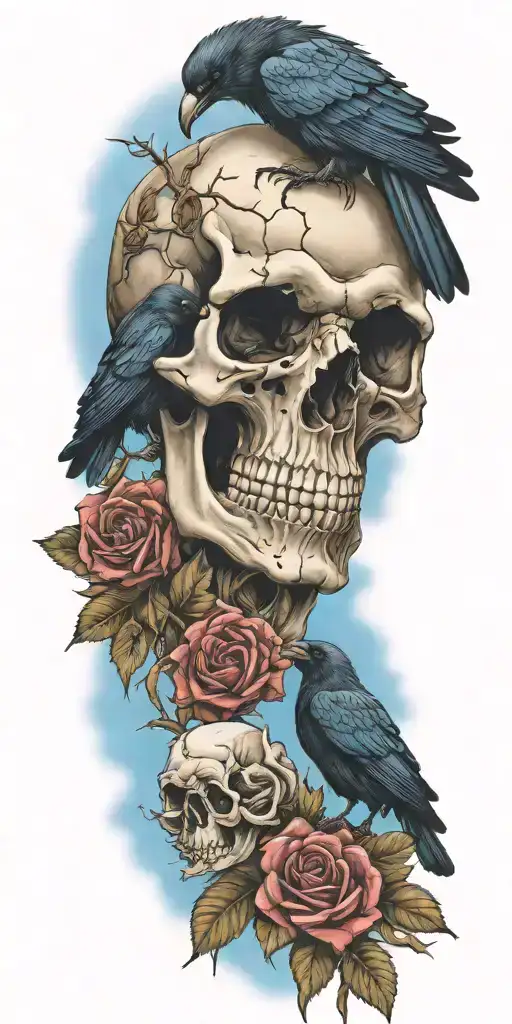 Skull And Roses With Raven Perched On Top Blue Sky Background