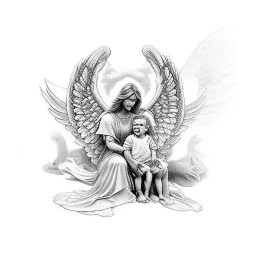 A Guardian Angel Protecting A Father And Son Symbolizing Family And Continuation Of The Lineage