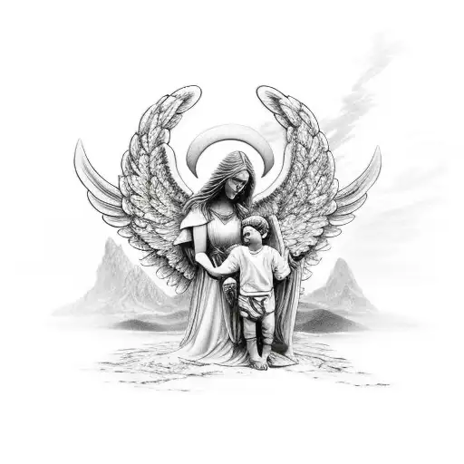 A Guardian Angel Protecting A Father And Son Symbolizing Family And Continuation Of The Lineage