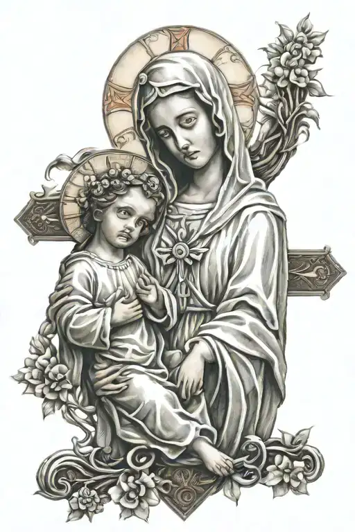 Virgin Mary And Jesus And Cross Intertwined