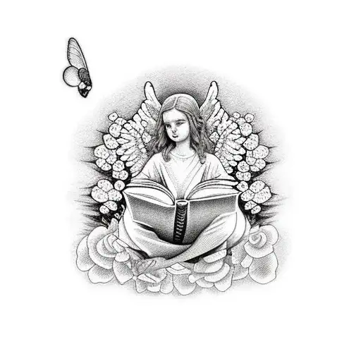 A Dotwork Tattoo Of A Heavenly Scene With An Angel Reading A Book Under A Canopy Of Roses