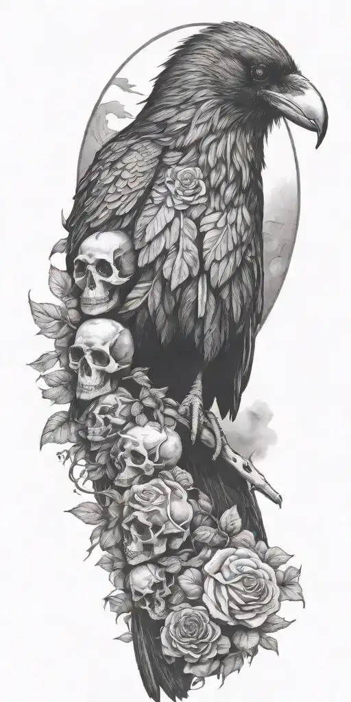 Raven Sitting On Top A Mound Of Skulls And Roses
