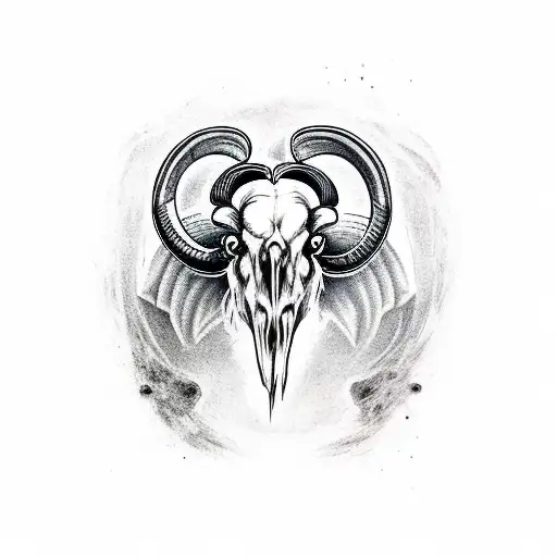 Ram Skull With Ravens On Each Side Of The Ram Skull