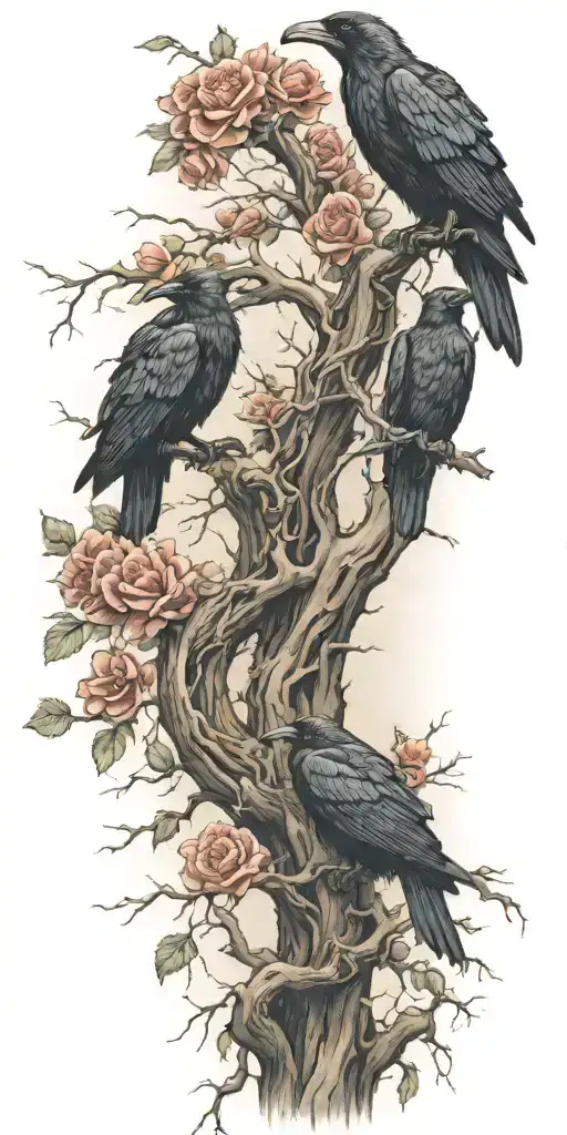 Old Gnarled Tree With Crooked Branches And Ravens Perched On The Branches Roses Twised Up The Trunk