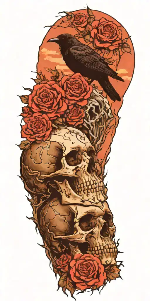 Mountain Made From Skulls With Roses Growing Out Of Crevices And A Raven Perched On Top