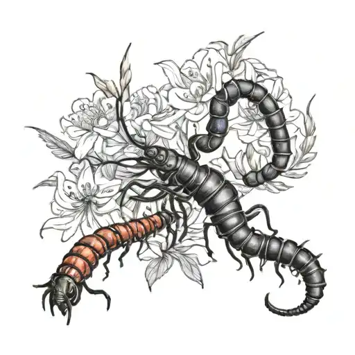 Lycoris Radiata Flowers And Black Centipede Crawling