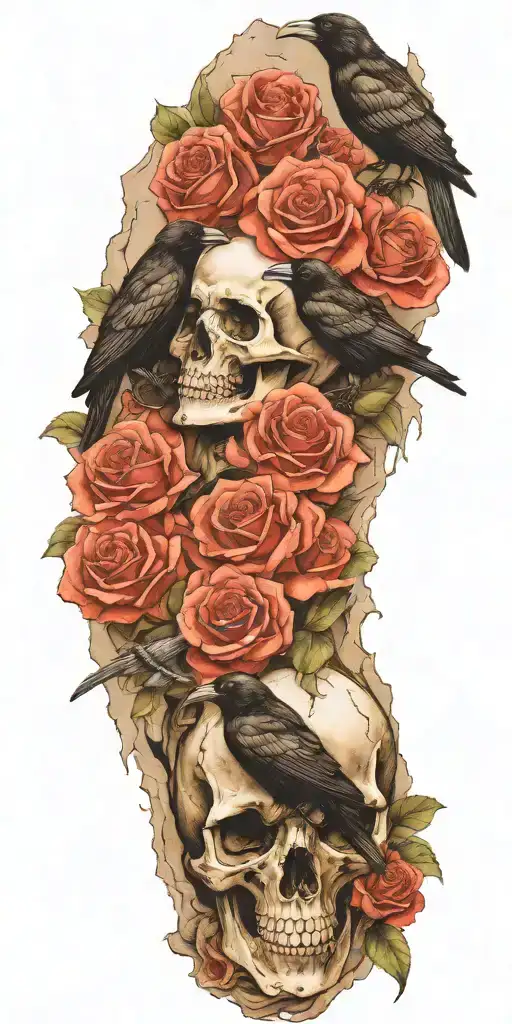 Mountain Made From Skulls With Roses Growing Out Of Crevices And A Raven Perched On Top