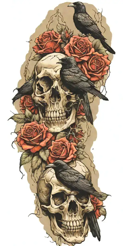 Mountain Made From Skulls With Roses Growing Out Of Crevices And A Raven Perched On Top