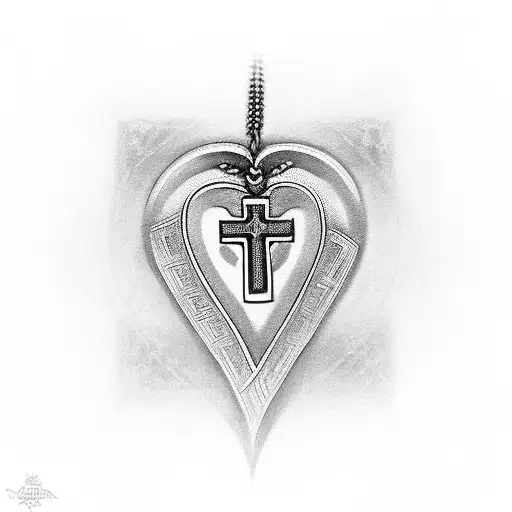 Fine Line Heart With A Small Greek Orthodox Cross On A Fine Chain Laying Loosely Infront Of It