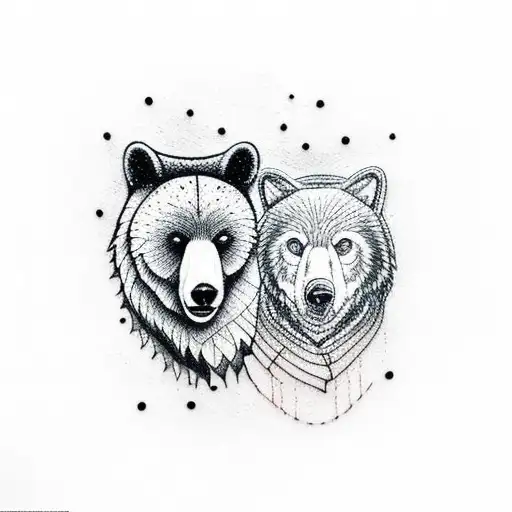 A Dotwork Tattoo Of A Bear And Wolf Exploring The Wilderness Together With A Cabin In The Background