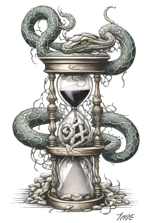 Snake Surrounding An Hourglass And A Thunder