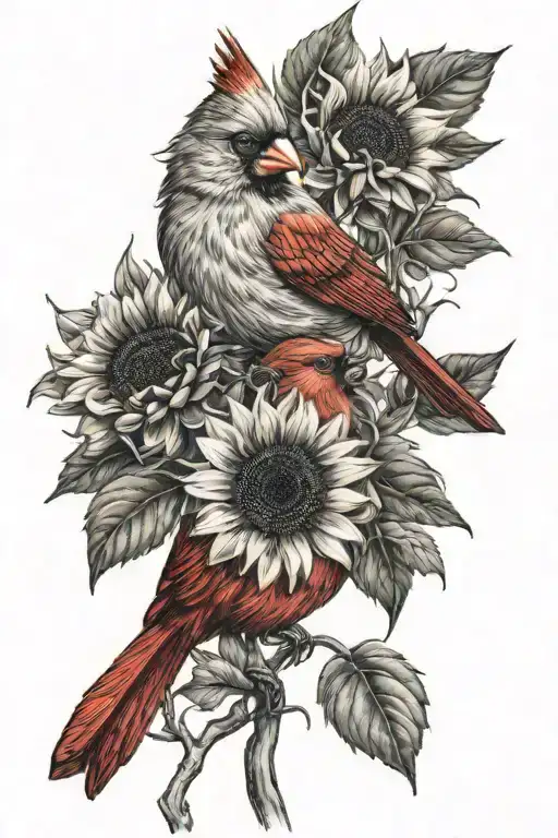 Cardinal Bird And Sunflower Intertwined