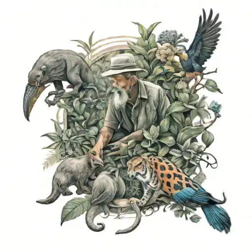 Gardener Surrounded By Different Animals