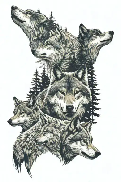 Two Adult Wolves And Two Young Wolves With A Fir Forest In The Background