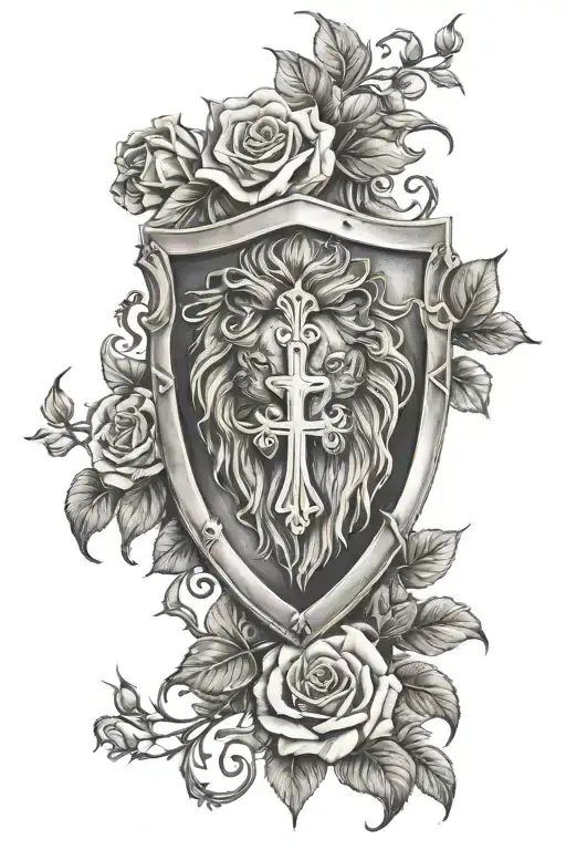 Cross Shield With Lion And Rose Growing