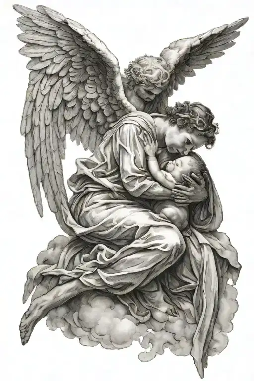 Angel In The Sky Holding A Baby And Looking Down
