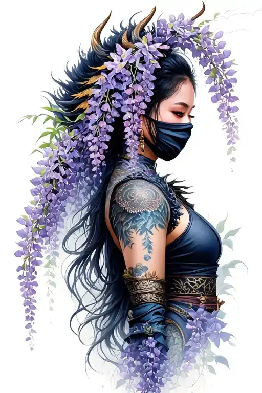 Wisteria Flowers Cascading Down Side Profile Female Ninja Warrior And Dragon