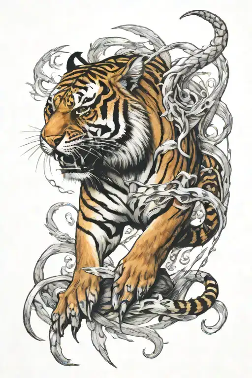 Colon Cancer Ribbon Swinging Tiger With A Dragon Emerging
