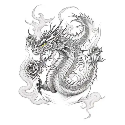 Dragon With Roses And Flames