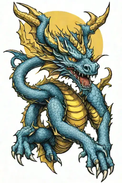 Blue Dragon With A Yellow Sun Behind It