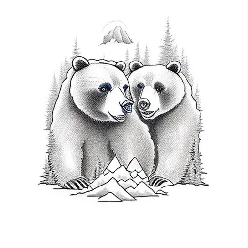 Two Bears One In Front Of A Puddle With A Mountain And Trees