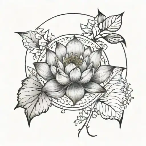 Circle With Branch Inside With Flowers Blooming Lotus Flower