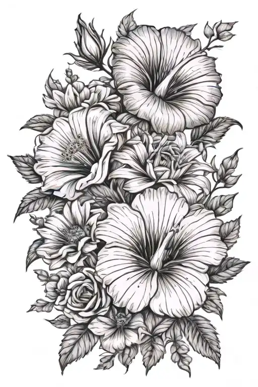 Morning Glory Flower And Aster Flower Bouquet Fine Line