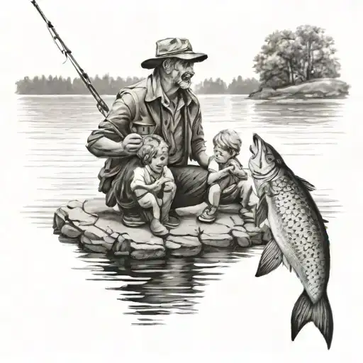 Man Fishing On Lakeshore With Three Children