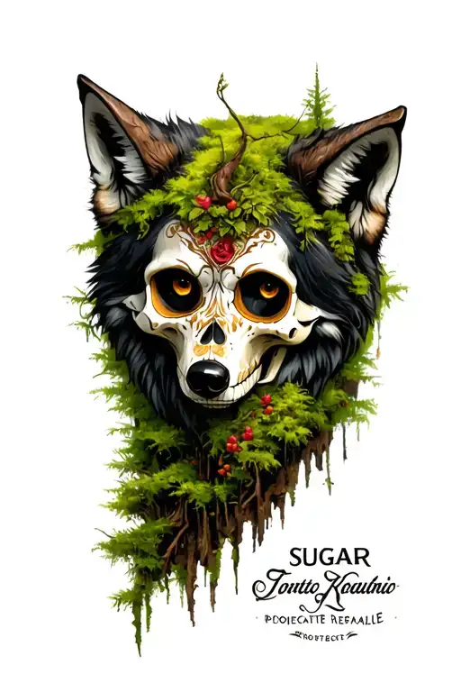 Wolf Sugar Skull In A Mossy Forest Scene