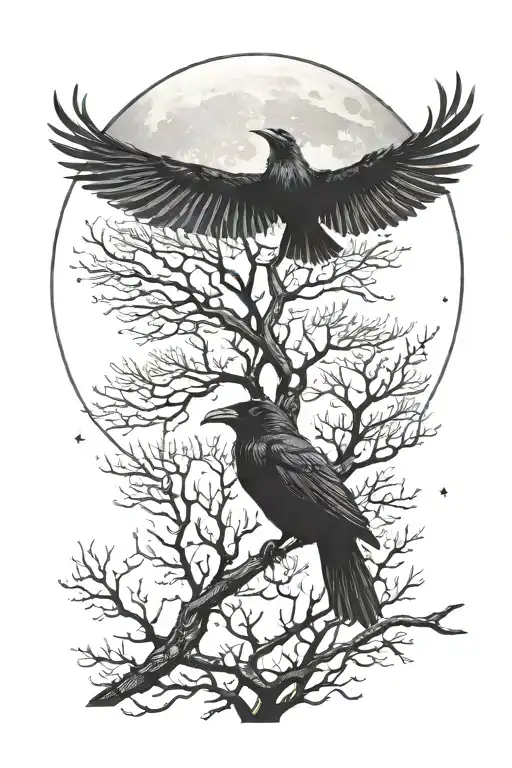 Raven Surrounded By Tall Trees And A Moon Above Those Trees In A Night Sky And A Constellation