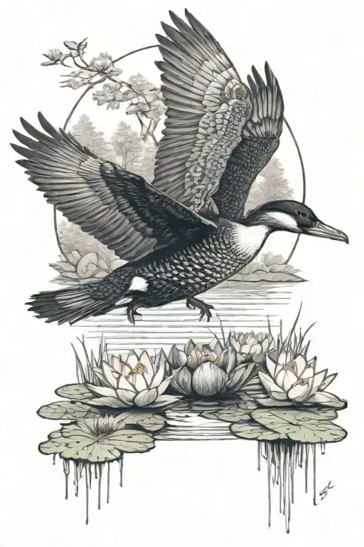 Loon Spreading Wings On Water With Water Lily In Foreground And A Tree Line In The Background