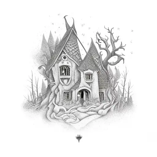 A Witch's House Nestled In A Dark Forest With A Raven Flying Overhead