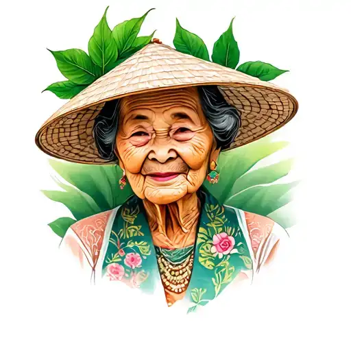 The Portrait Of The Old Lady Has A Vietnamese Leaf Hat Color