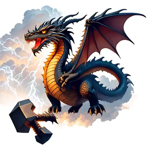 Dragon Flying In Clouds Breathinglightning That Strikes A Hammer Wielded By Dwarf