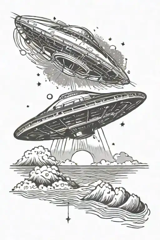 Ufo Beaming Up With Galaxy Background And Beach Waves Below The Horizon