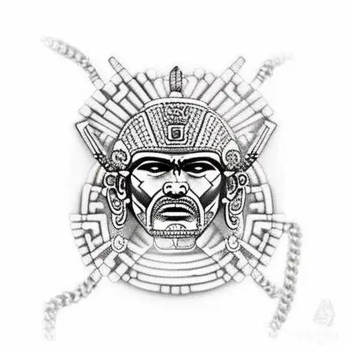 An Aztec Warrior With A Chain Necklace Surrounded By Wolves And Flowers