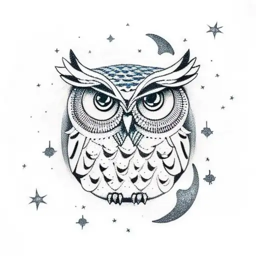 Owl With Moon And Stars