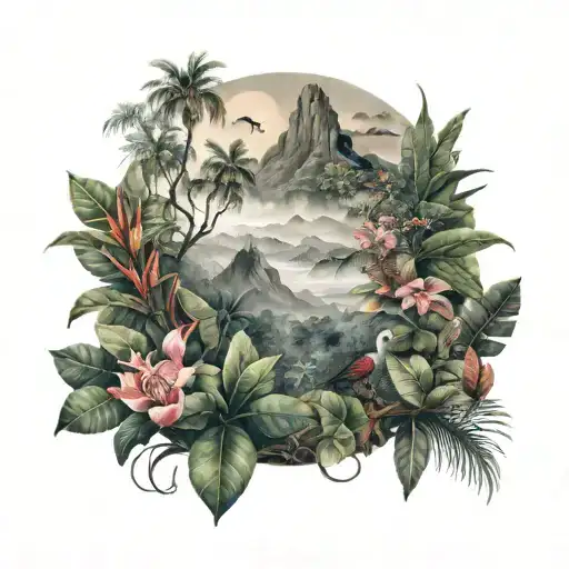 Misty Jungle With Tropical Flowers And Mountains In The Background Include A Bird And Snake