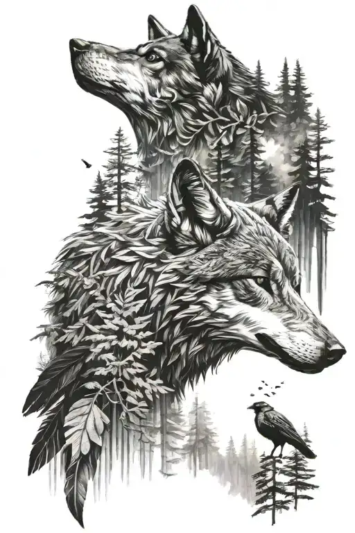 Forest Wolf And Raven