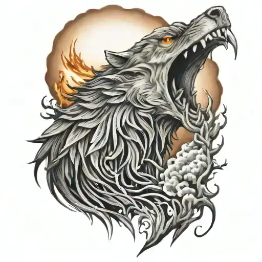 Phoenix On Fire And Wolf Howling At The Moon