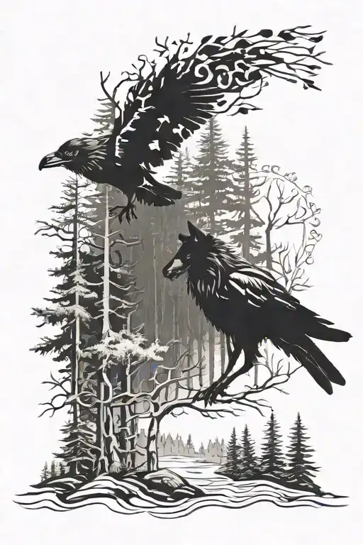 Forest Wolf And Raven